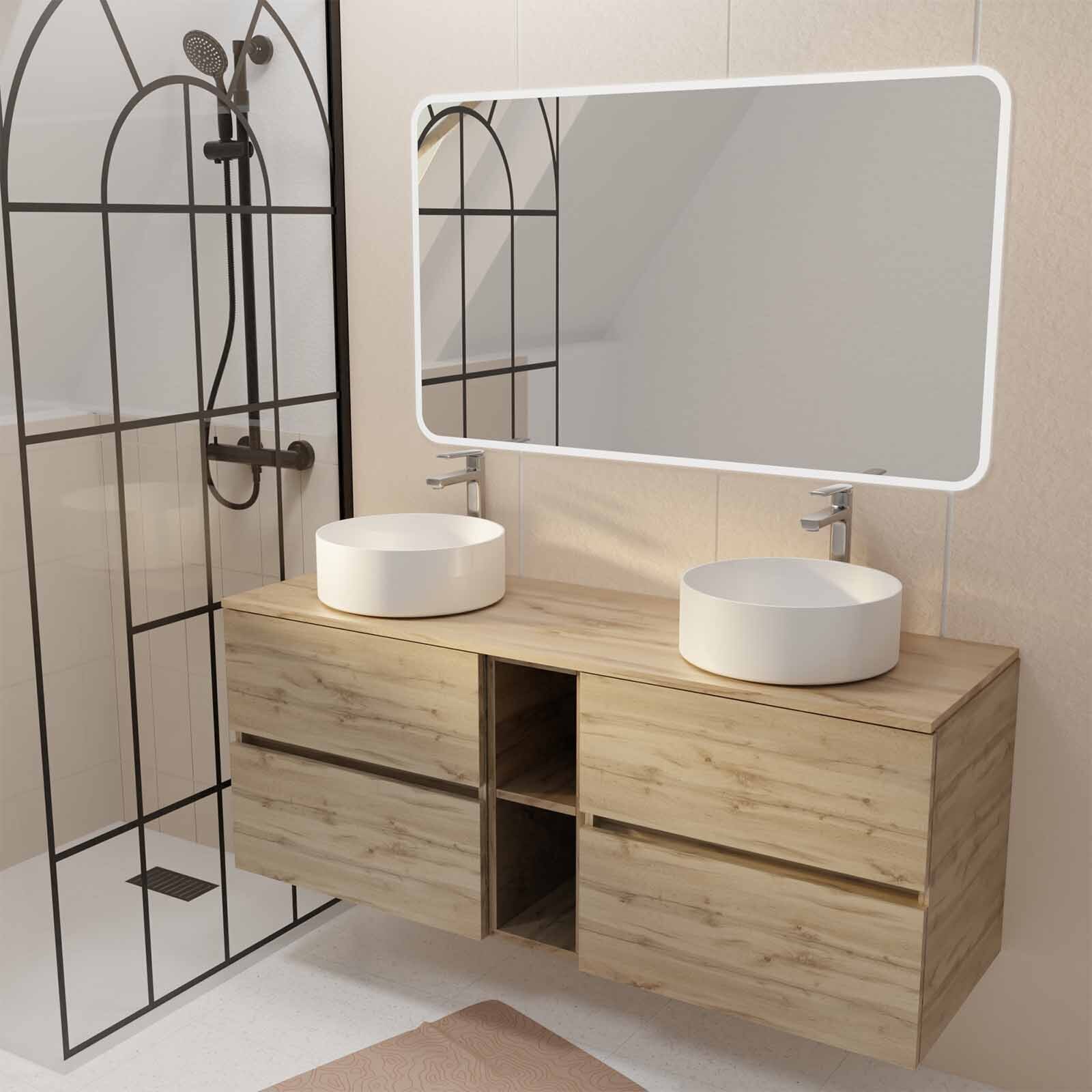 Mueble de baño 140 roble - 4 cajones - lavabos blancos - espejo LED 120x70