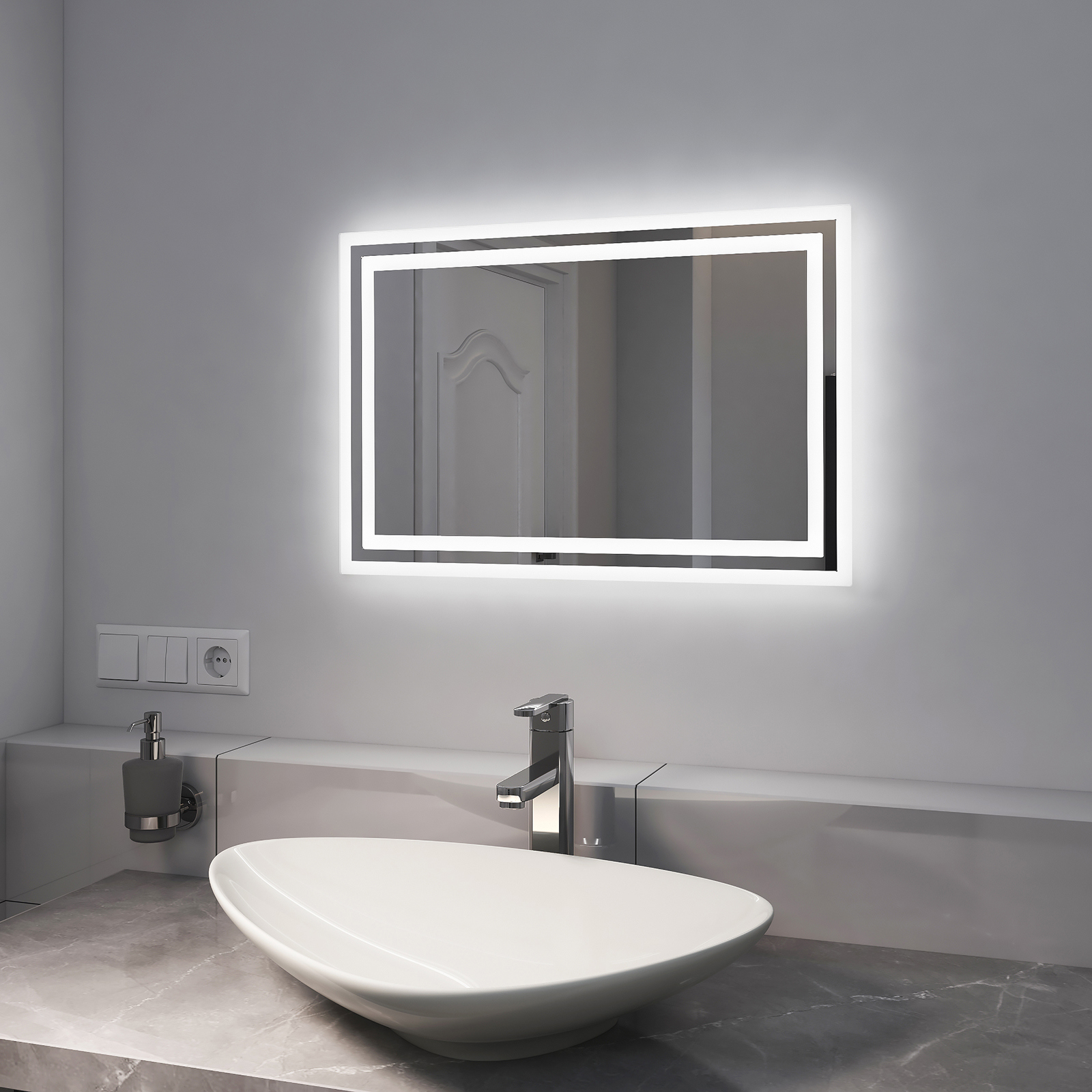 Emke espejo de baño LED con luz 60x40cm, antivaho, luz blanca fría/caliente