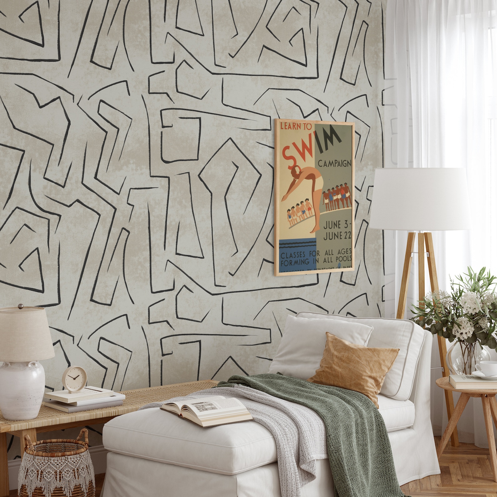 Papel pintado graffiti beige con rayas abstractas negras