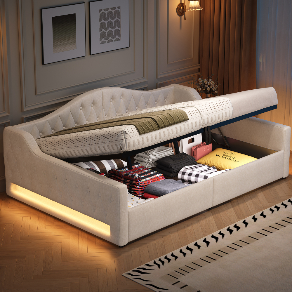 Sofá cama 140x200cm con canapé hidráulico, LED y almacenaje lino+mdf blanco