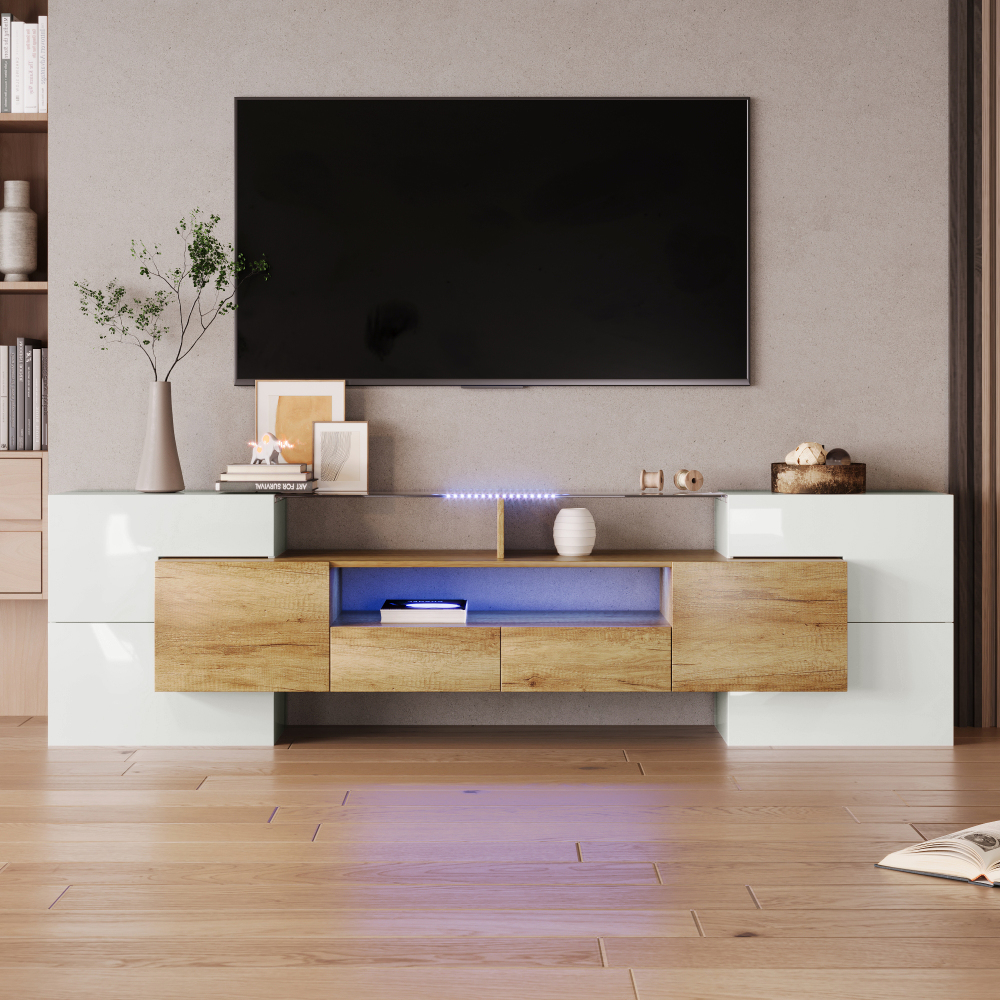 Mueble de tv 6 puertas 2 cajones con LED blanco brillo+natural 60x200x35cm