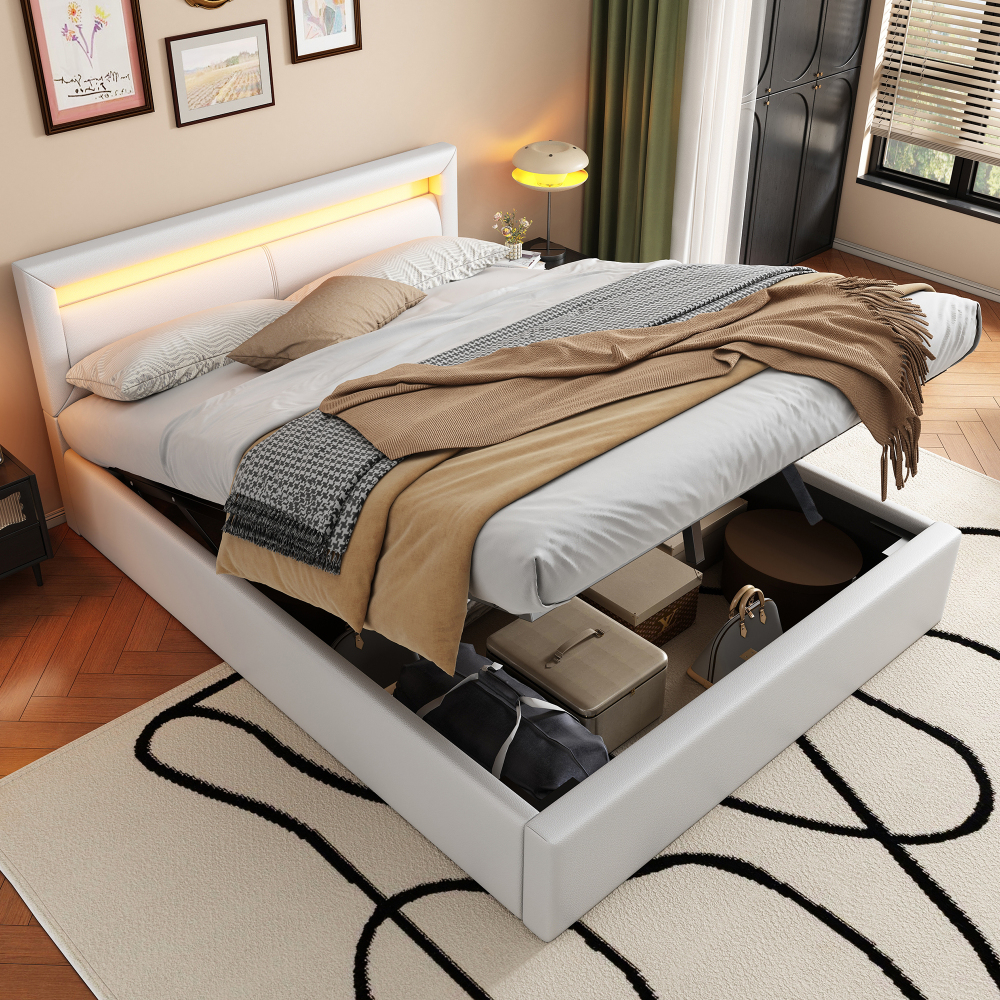 Cama tapizada 140x200cm con LED y almacenaje pu – color blanco