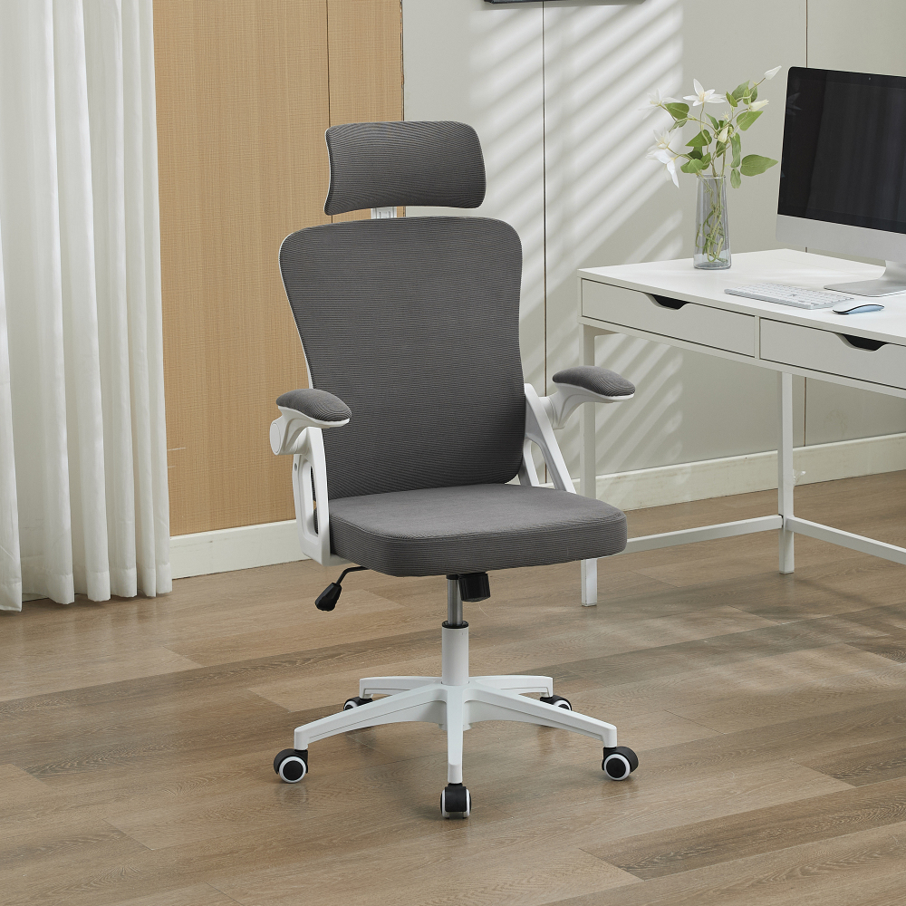 Silla oficina ergonómica gris con malla y brazos abatibles