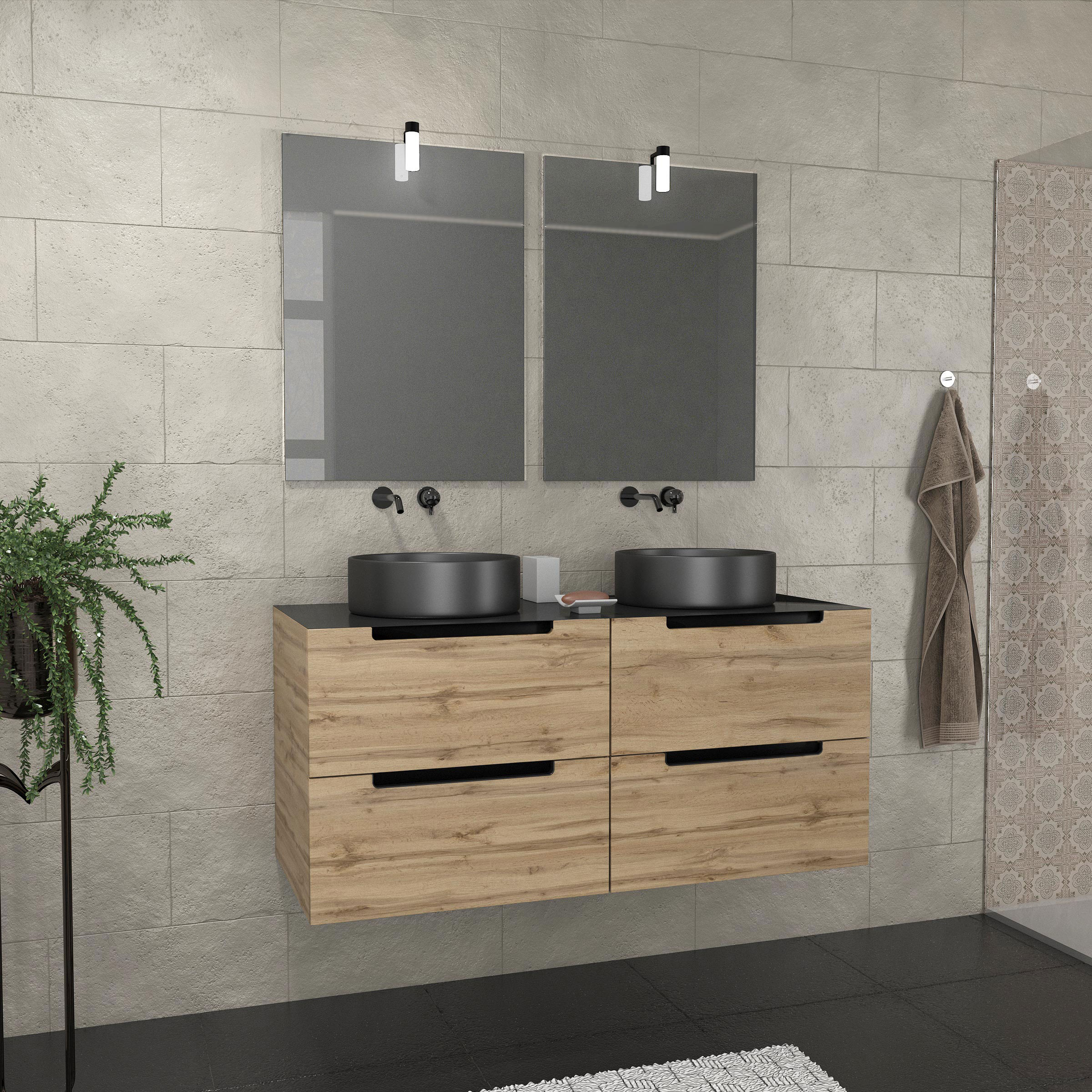 Mueble baño 120cm roble y negro- lavabos redondo ø36-espejos apliques 55x75