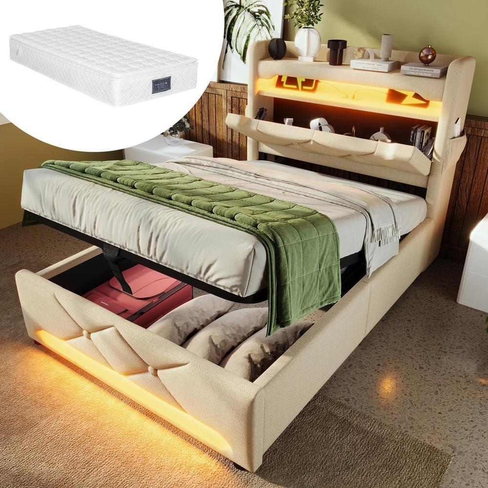 Cama 90x200 cm con colchón, luz LED y puertos usb, beige