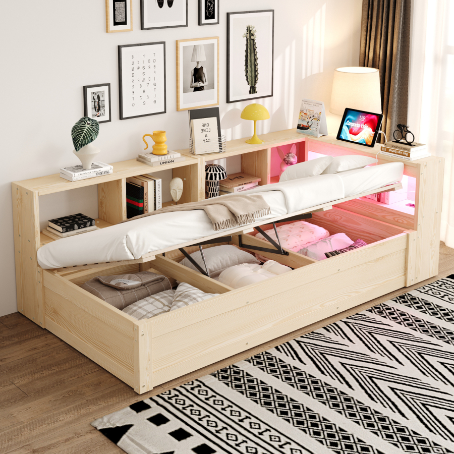 Cama 90x200 cm multifuncional con LED, enchufe y almacenaje mdf