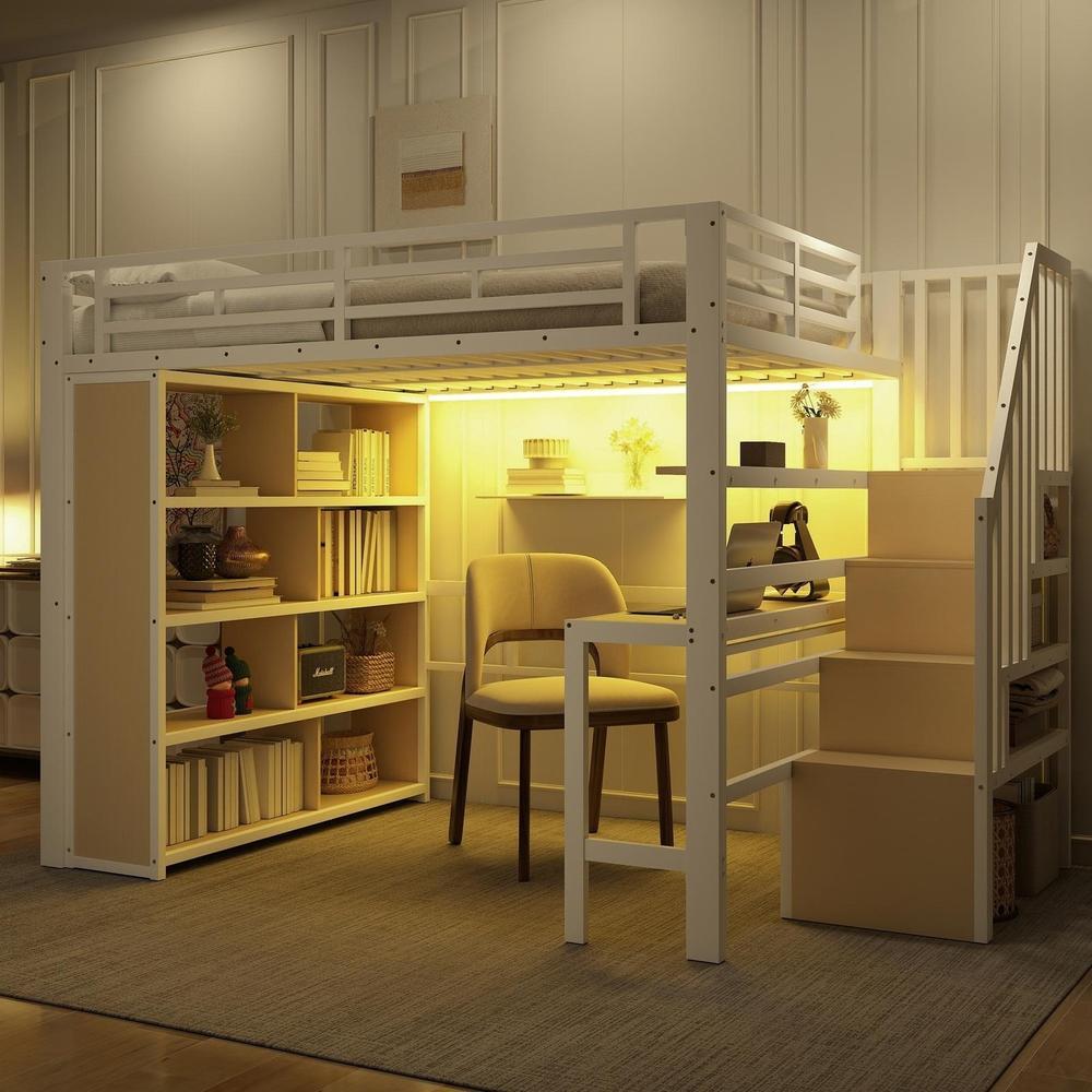 Cama loft 140x200 cm con escritorio, estantes, escalera y LED, blanca