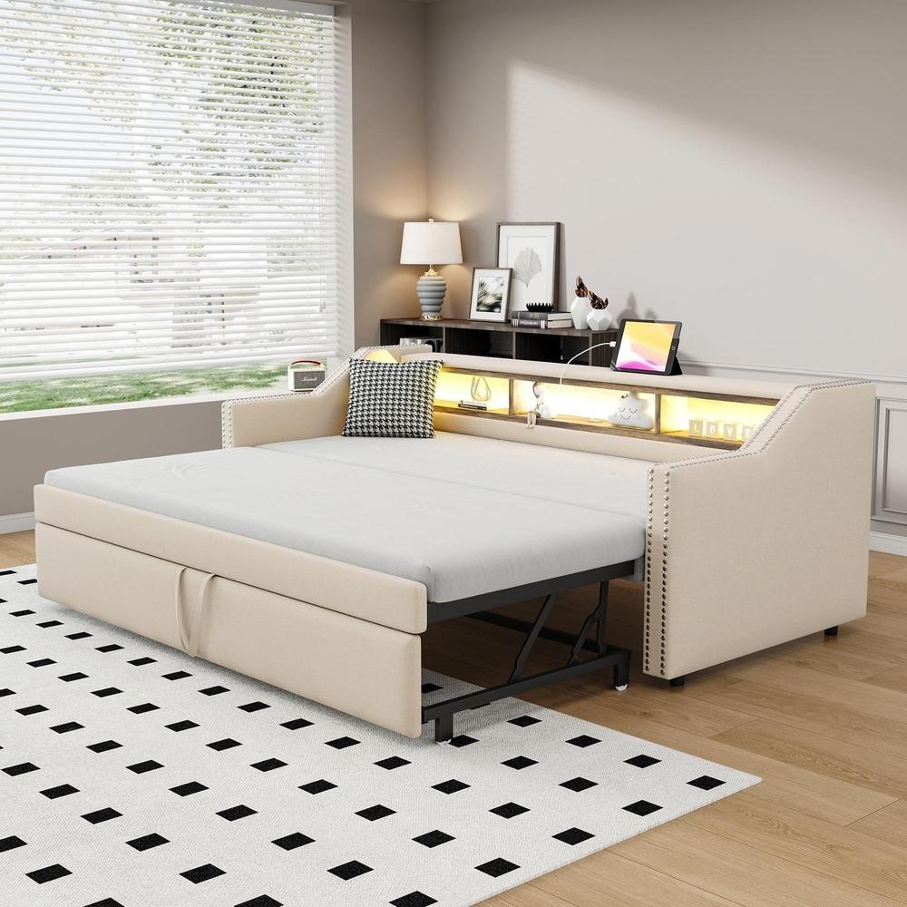 Sofá cama nido 90x190cm, extensible 180cm, almacenaje lateral, beige