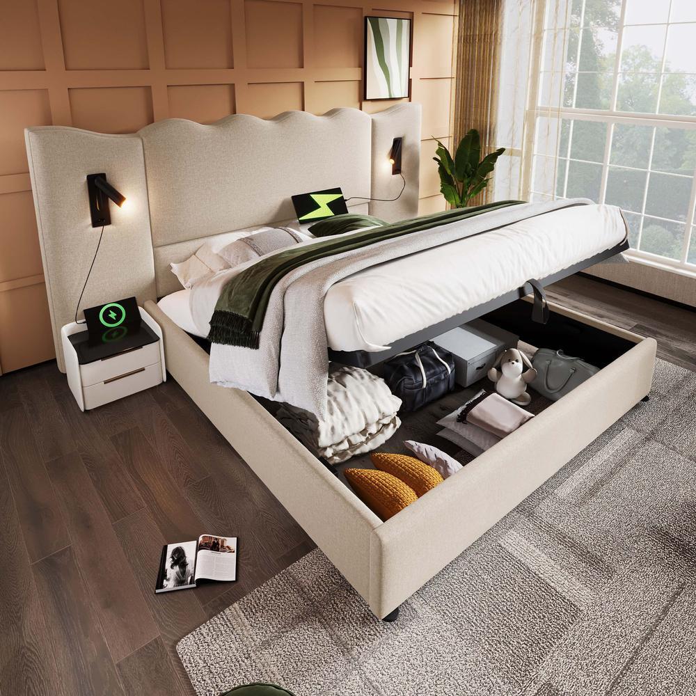 Cama con arcón 160x200 cm beige, lámpara de lectura y usb c