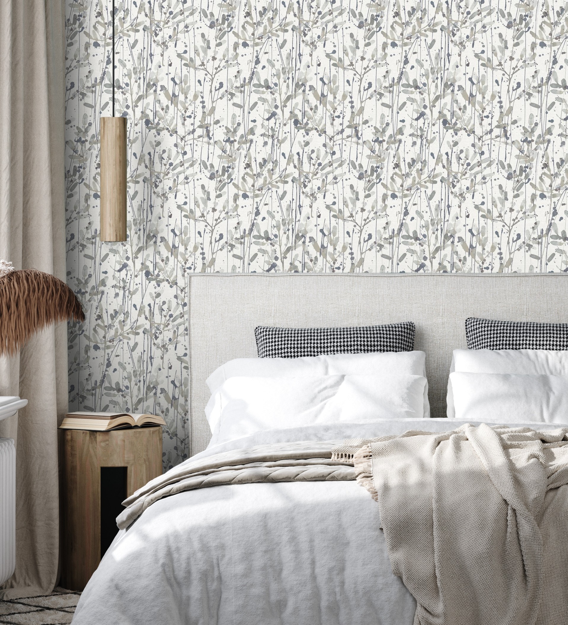 Papel pintado gaulan lavable de hojas en tonos gris acuarela de 5.23m²