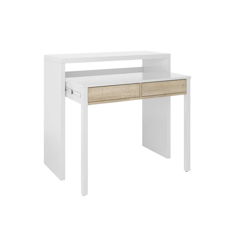 Mesa de escritorio extensible con 2 cajones 98,5 cm bureau blanco - roble