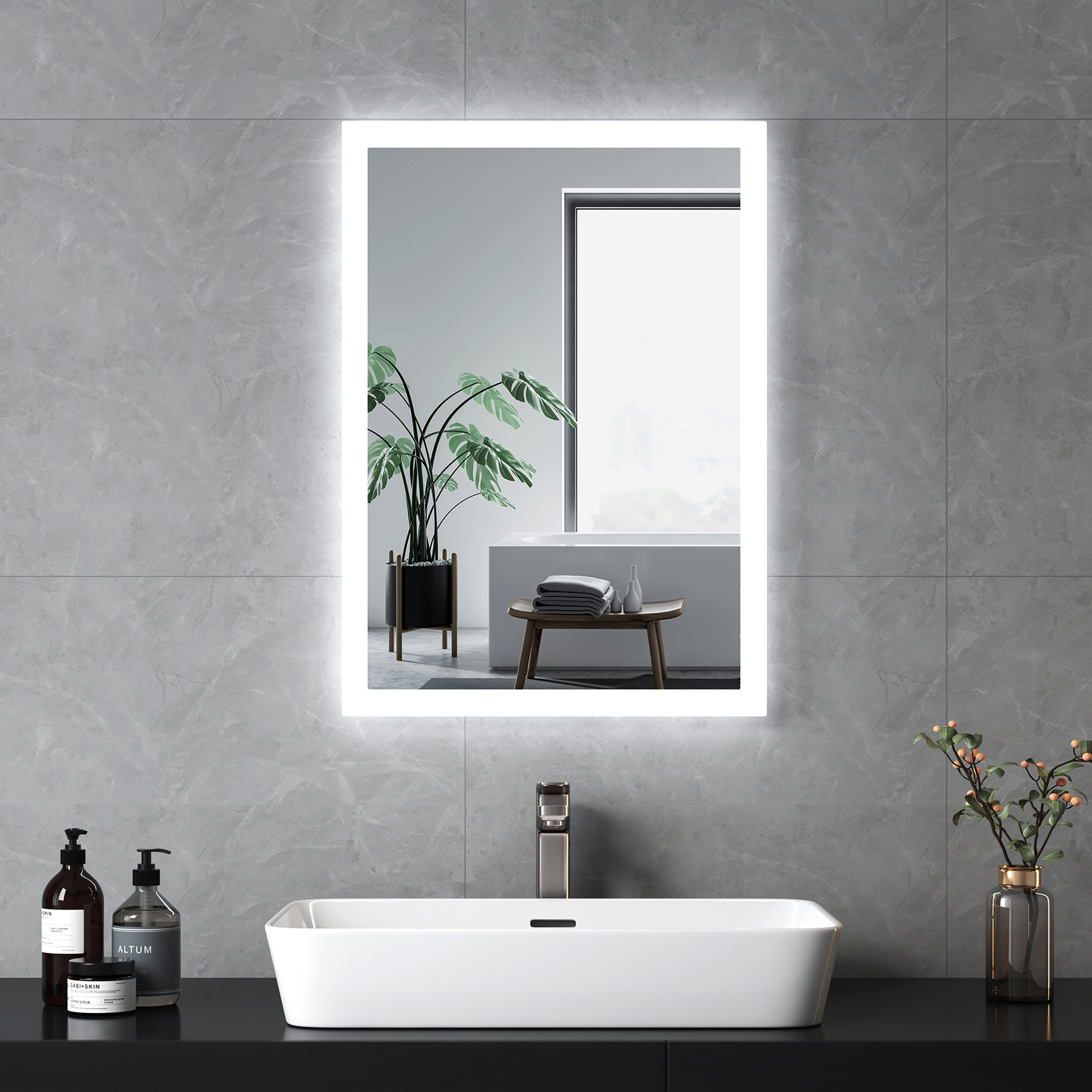 Emke espejo de baño iluminado con pulsador, antivaho, 70x50 cm