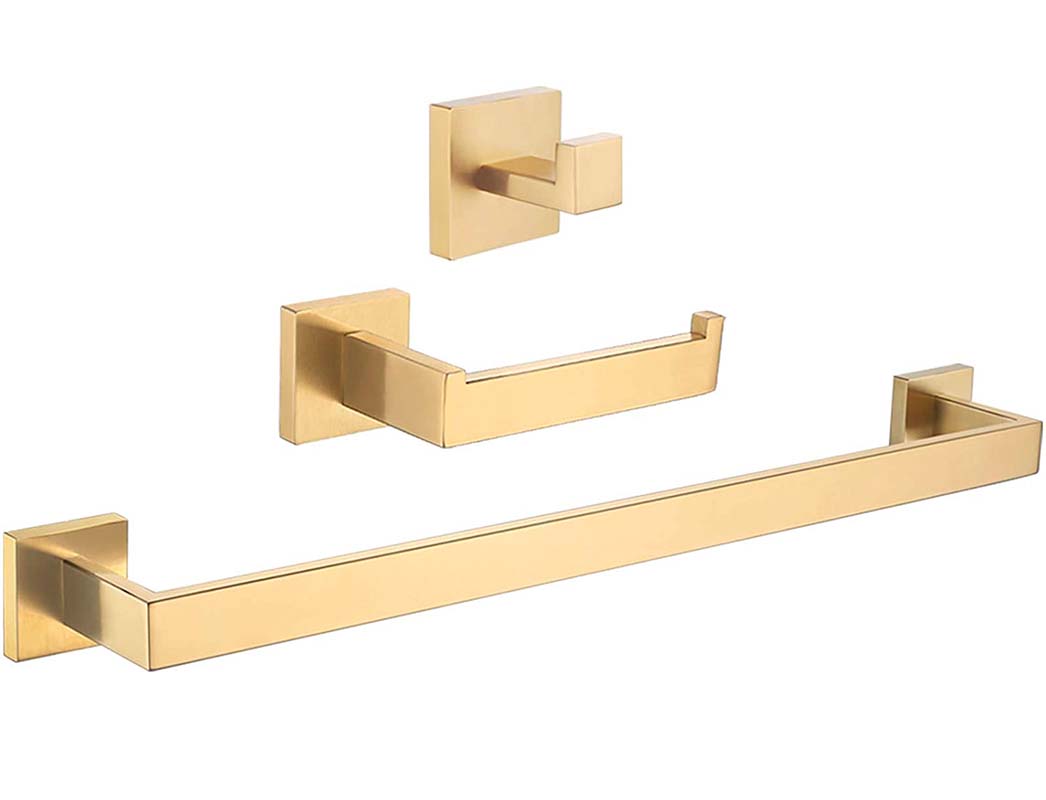Valaz accesorios cuadrados dorado cepillado toallero+1percha+portarollos