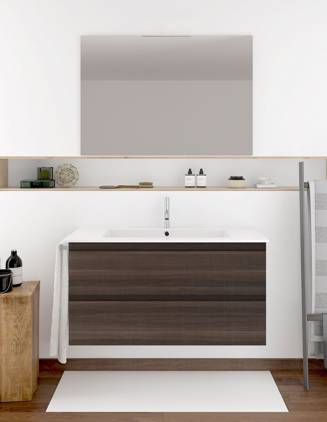 Mueble de baño ibiza con lavabo dos senos y espejo 120x45cm fresno tea