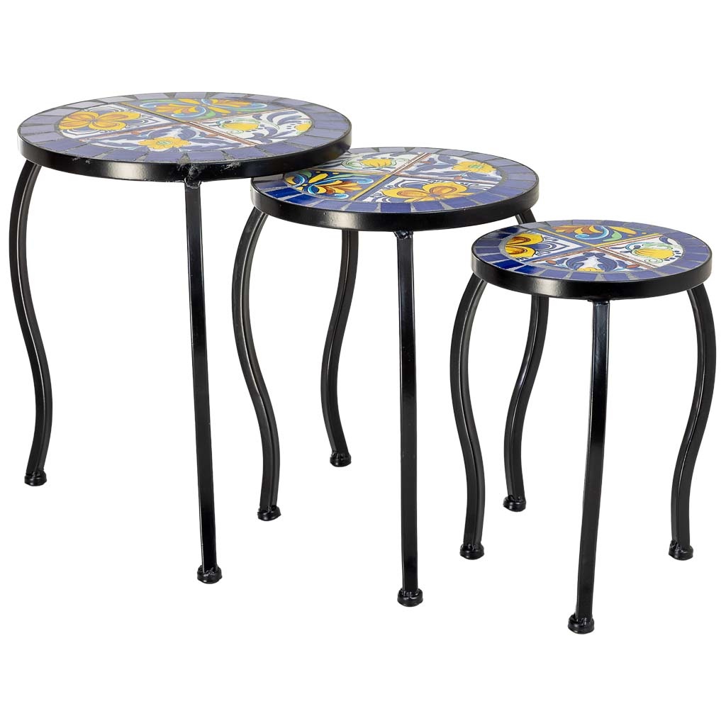 Soporte set 3 pzas de mosaico y forja azul 33x33x37h-28x28x33h-23x23x2