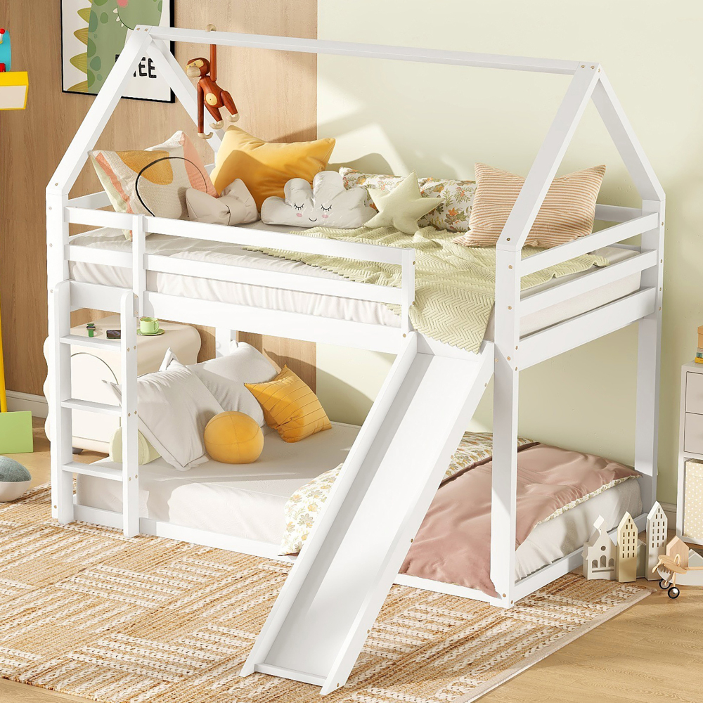 Cama alta casita 90x200cm con tobogán y escalera, pino y mdf – blanco