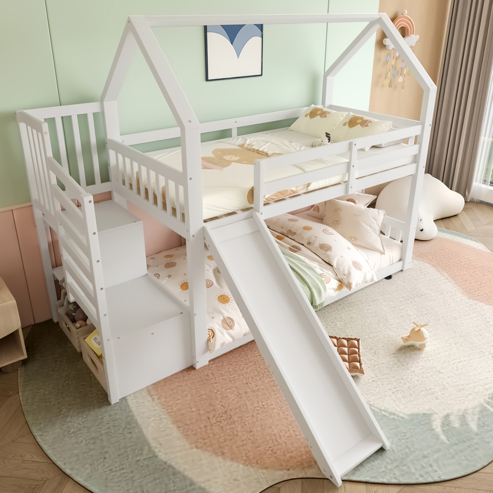 Litera 90x200cm con escalera, tobogán y barandilla, pino y mdf – blanco