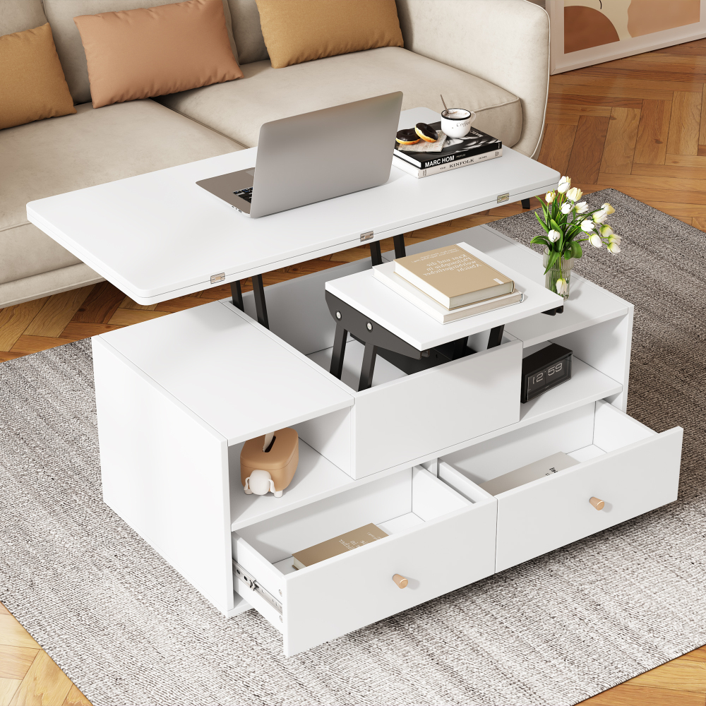 Mesa de centro elevable con alas abatibles 4 cajones blanco 47,5x100x50cm