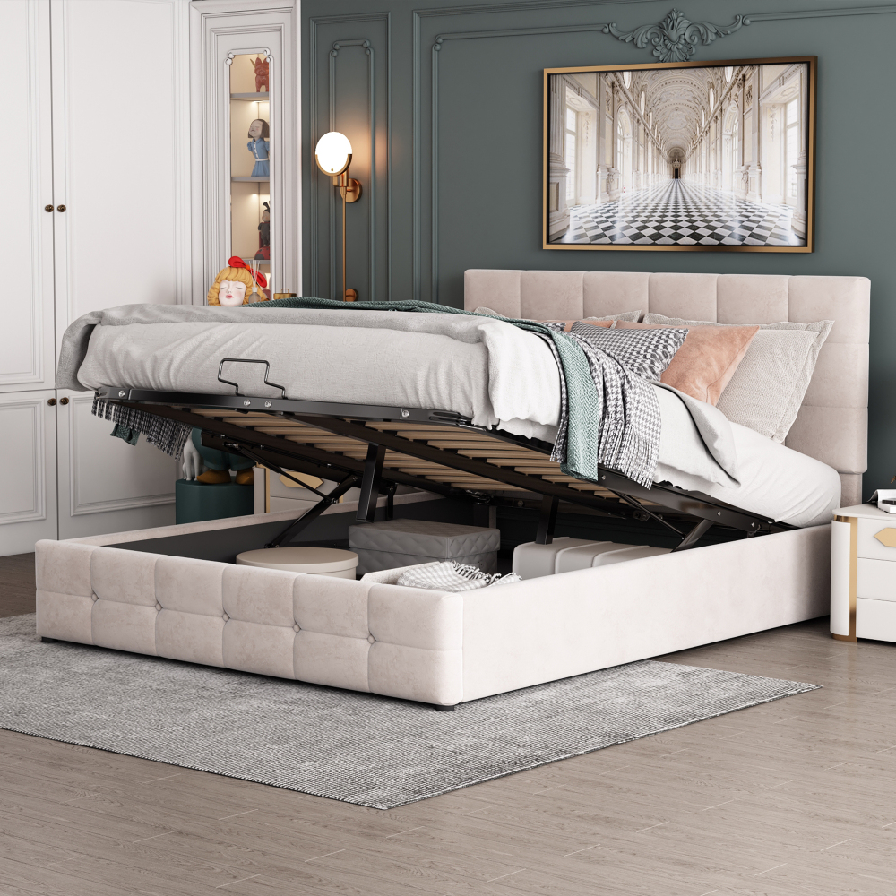 Cama tapizada 140x200 cm con canapé y cabecero ajustable terciopelo blanco