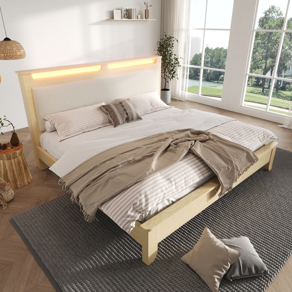 Cama doble 140x200cm con LED y almacenaje madera y pana – beige