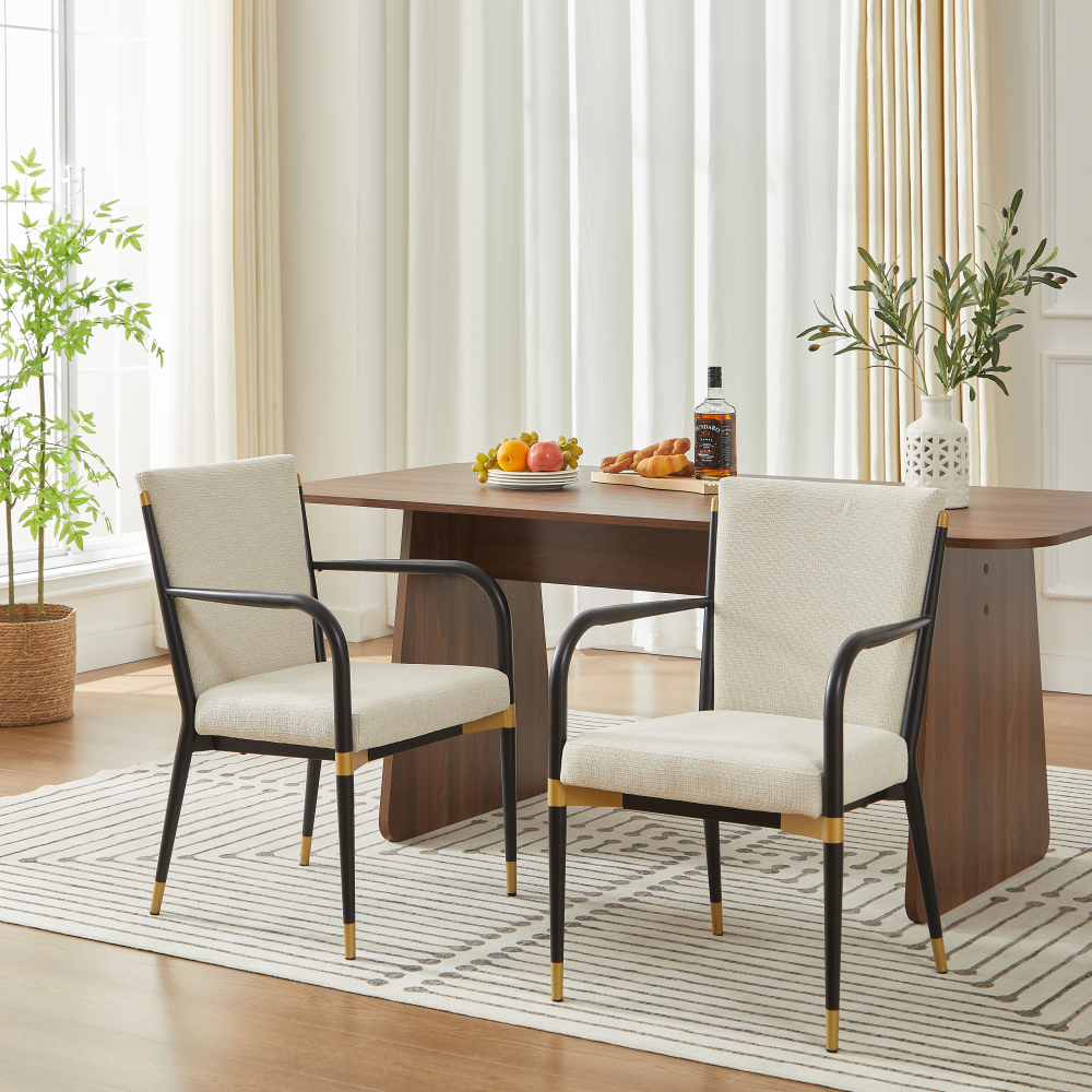 Silla de comedor tela beige set de 2 con brazos ajustables