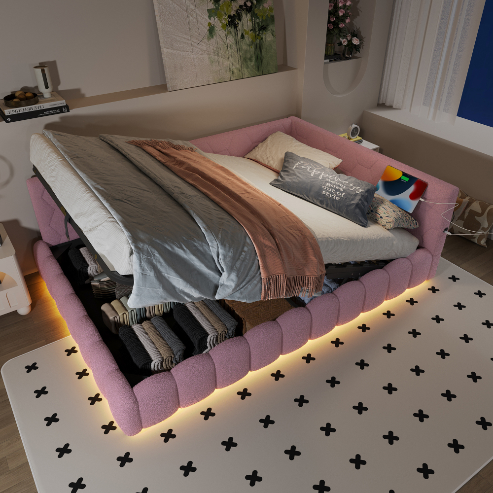 Sofá cama 140x200cm con LED, usb y almacenaje hidráulico tela – rosa