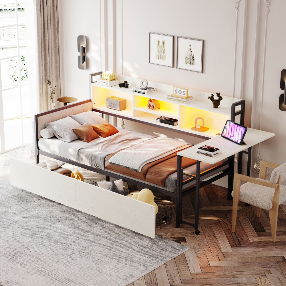 Sofá cama 90x200cm con LED, escritorio y cajones metal – color blanco