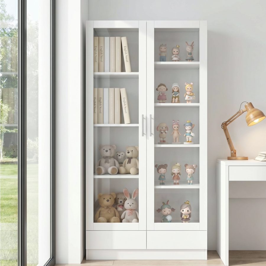 Vitrina multifuncional con 2 cajones, puertas de cristal blanco 160x80x40cm