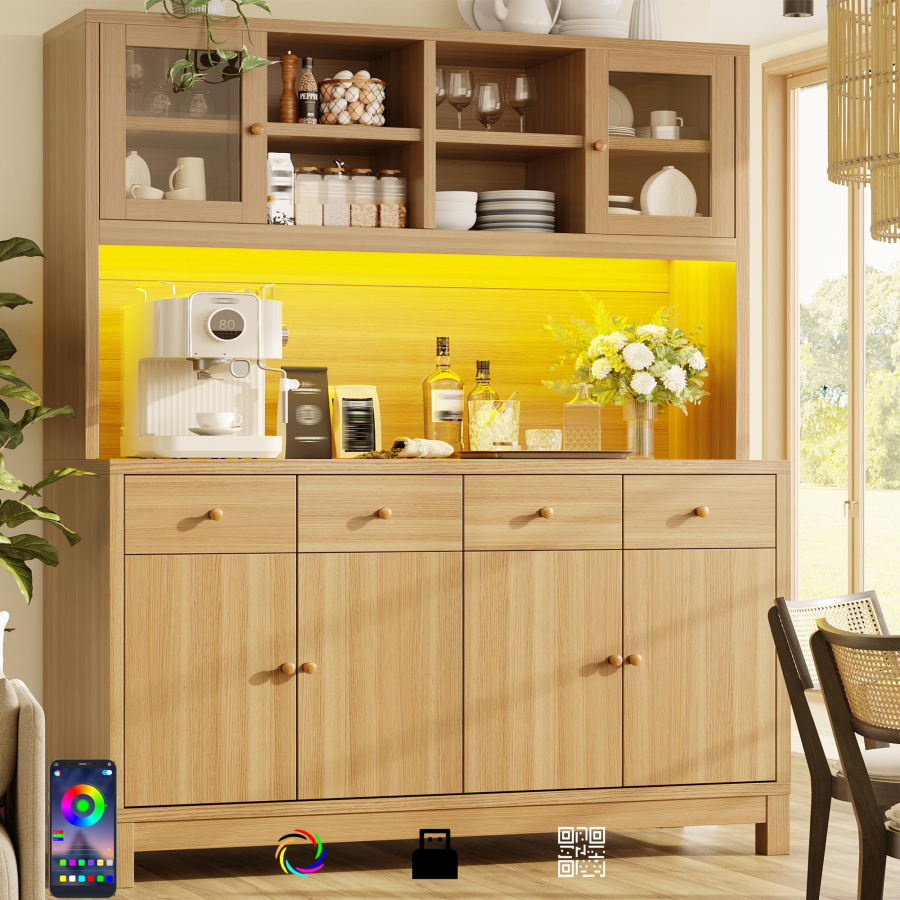 Aparador alto de cocina con cristal, 4 cajones y LED natural