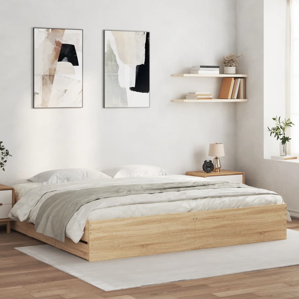 Cama -160x200 cm con cajones madera ingeniería roble sonoma