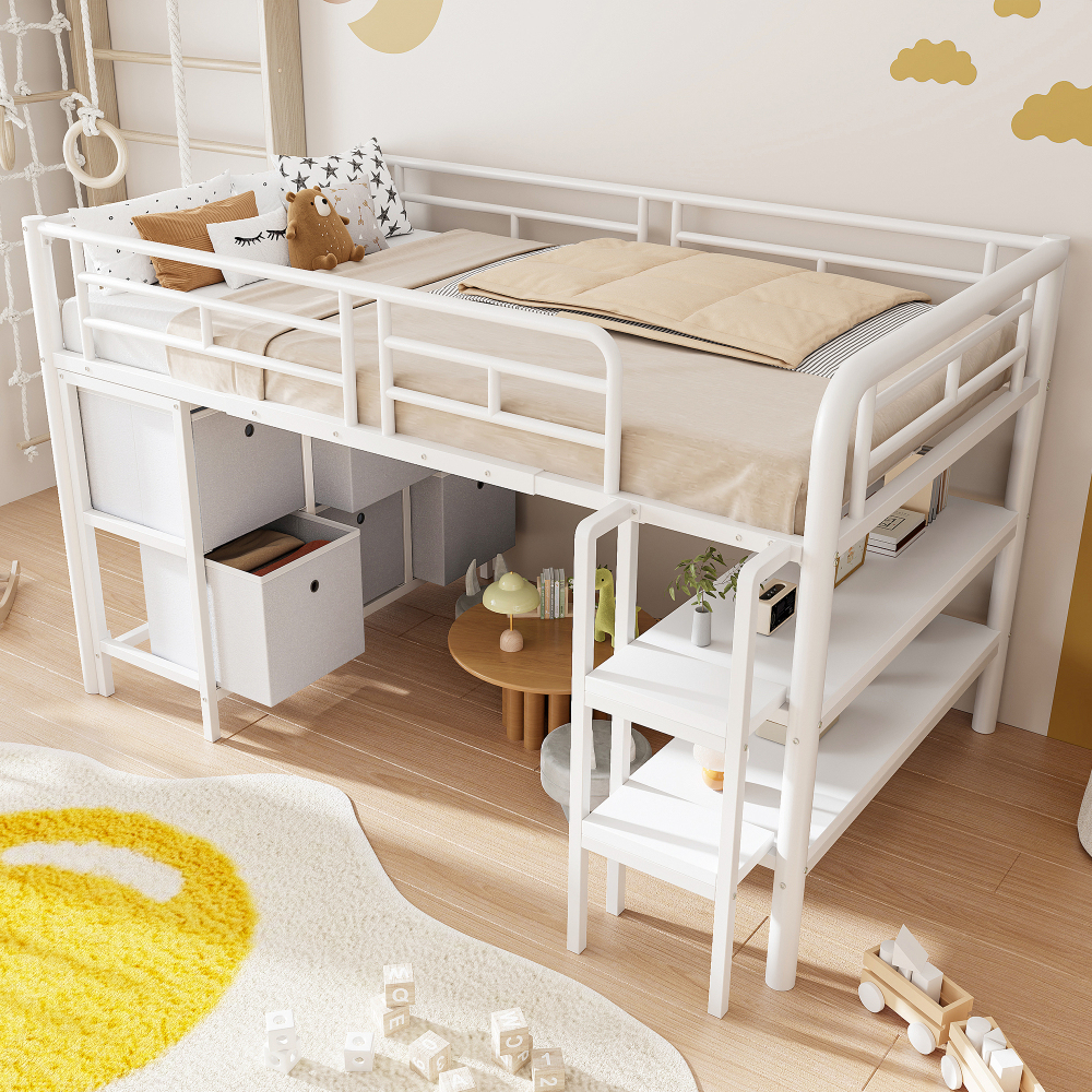 Litera baja 90x200cm con escalera, cajones y estantes metal – blanco
