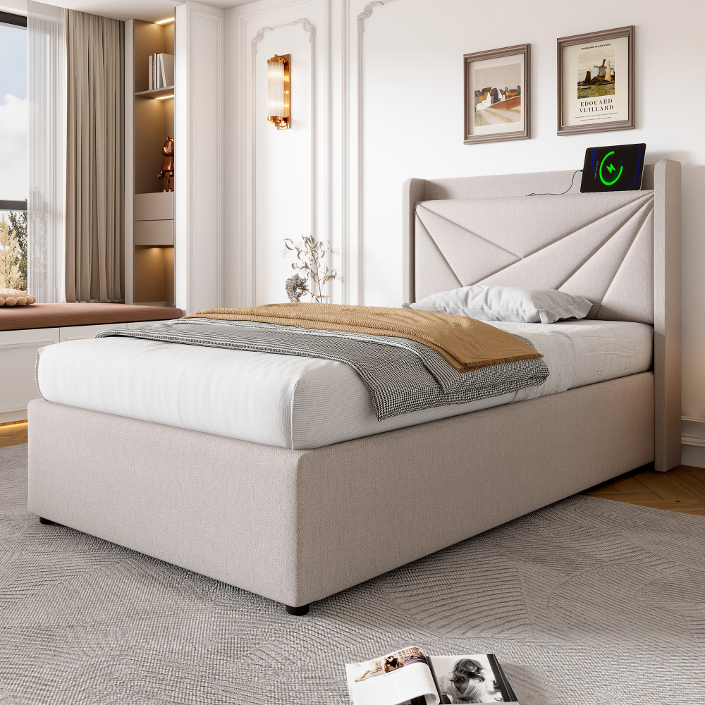 Cama individual tapizada 90x200cm con canapé y usb-c algodón+lino beige