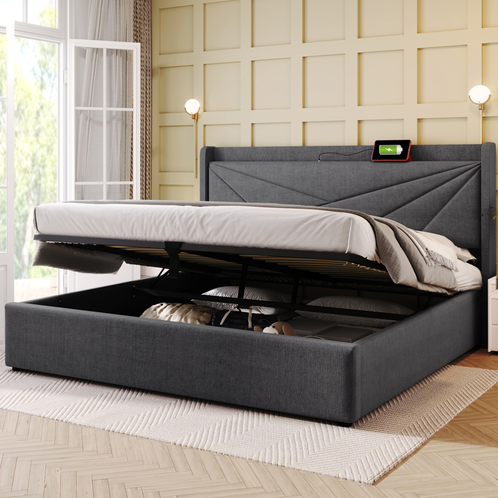 Cama Doble Tapizada 140x200cm con Canapé y USB-C Algodón y Lino – Gris
