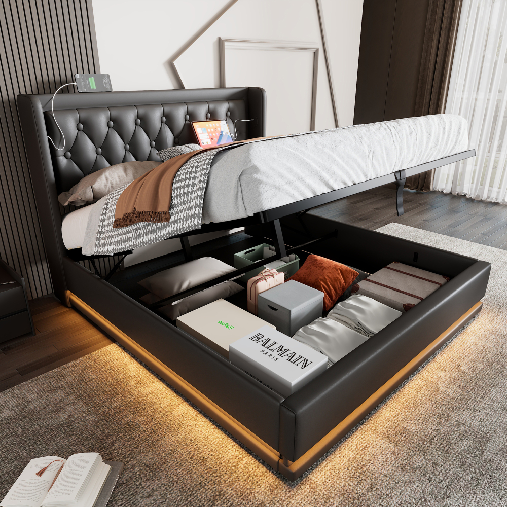 Cama doble tapizada 160x200cm con canapé hidráulico, usb-c y LED, pu negro