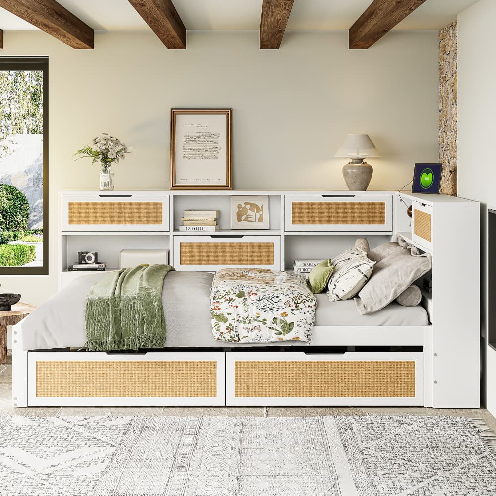 Sofá cama 140x200cm con cajones, usb y compartimentos madera – blanco