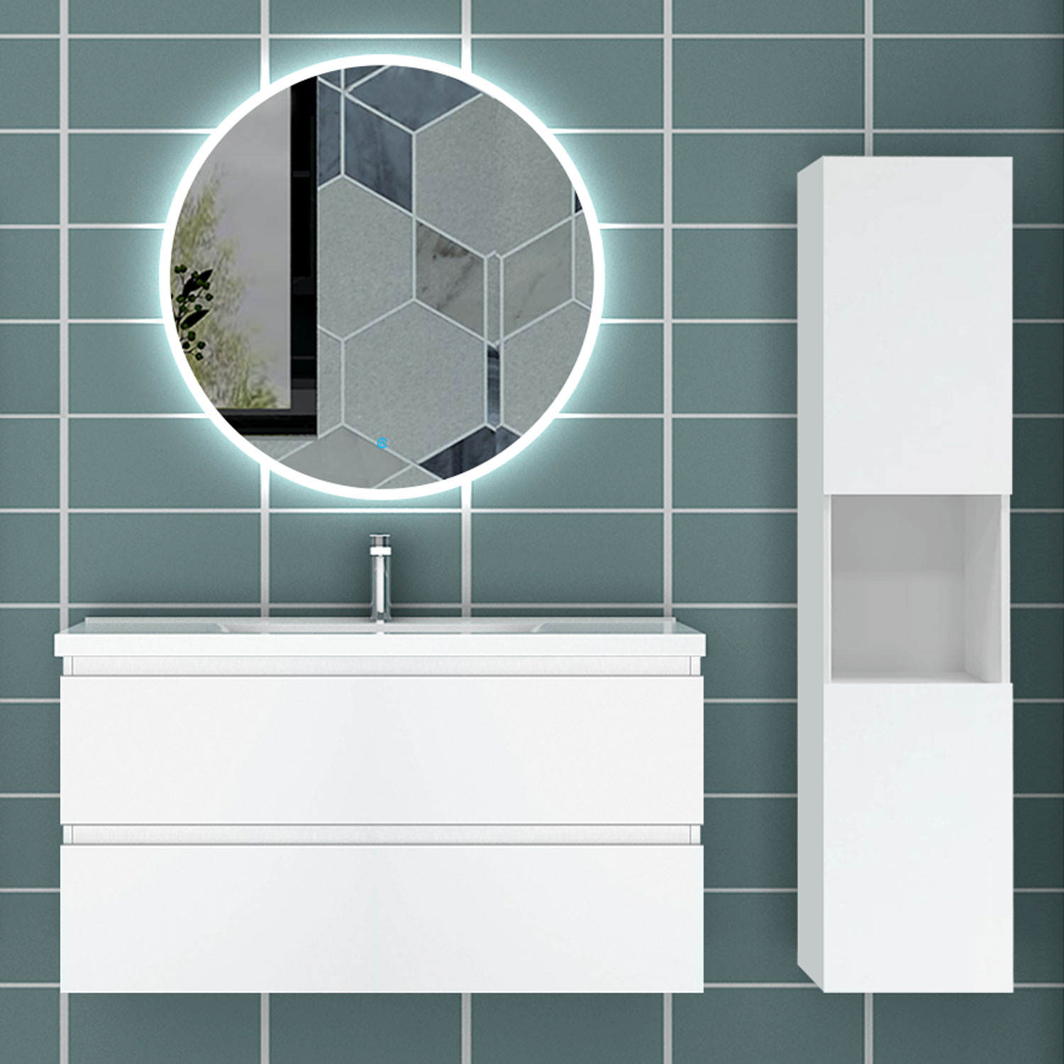 Mueble de baño aica 99×44,5cm,blanco con espejo y armario lateral