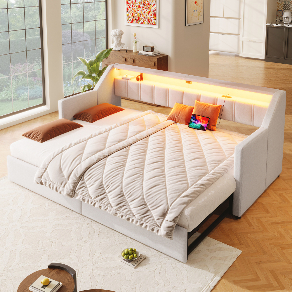 Cama nido 90x200cm con usb, LED y 2 cajones lino y mdf – beige