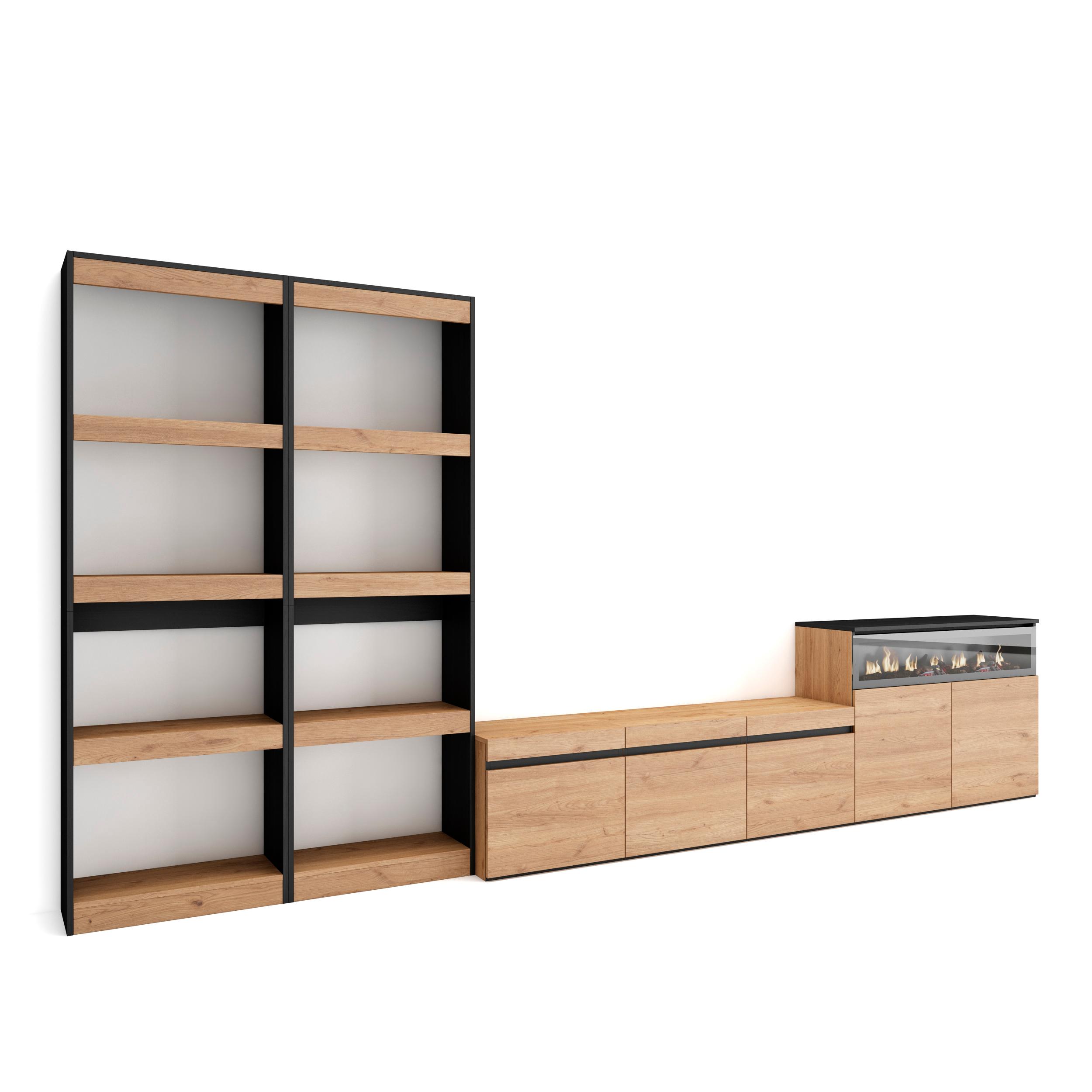 Muebles salón, 370x35x186cm, roble y negro, chimenea eléctrica rf3183