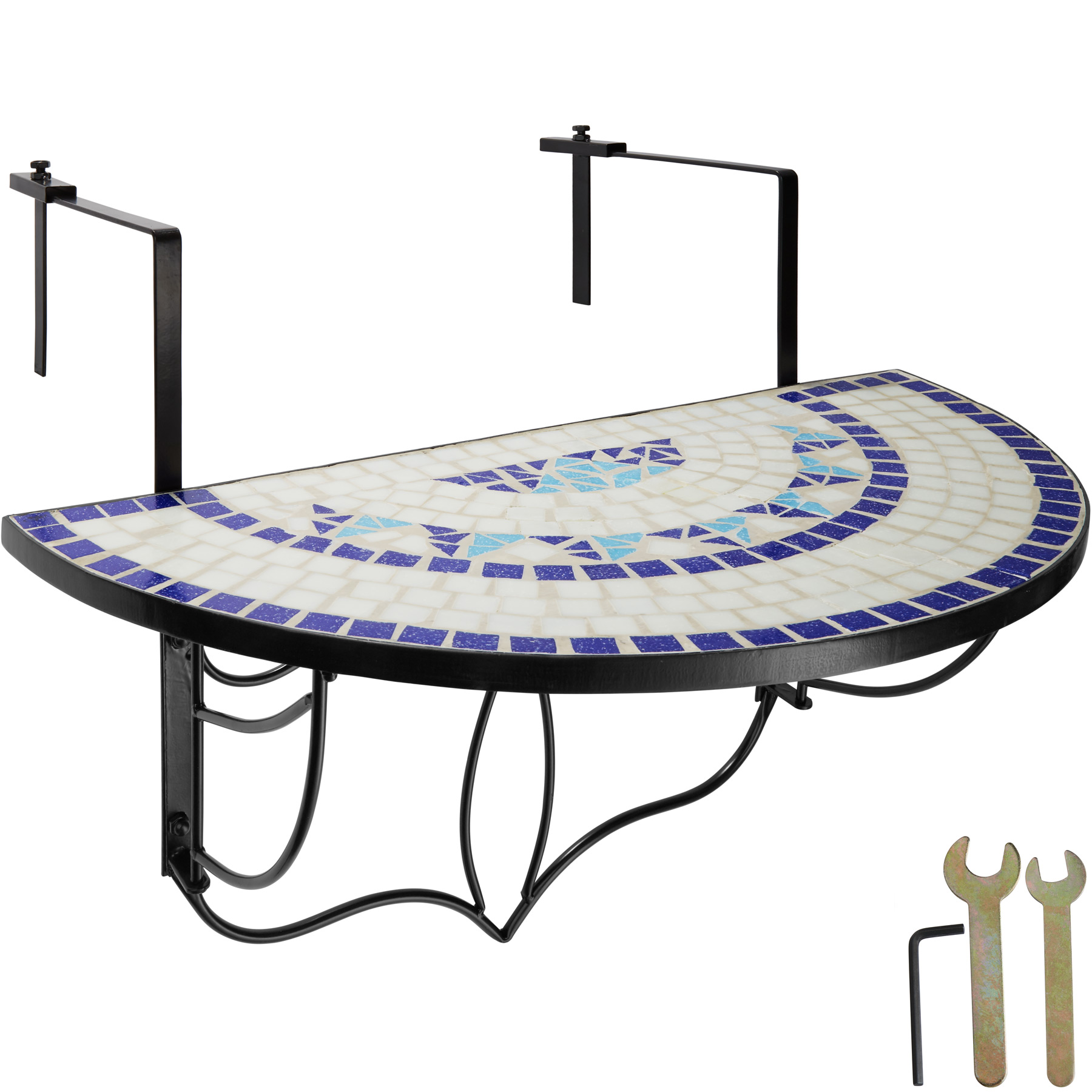 Mesa plegable de balcón, mosaico, 75 x 65 x 62 cm, blanco/azul