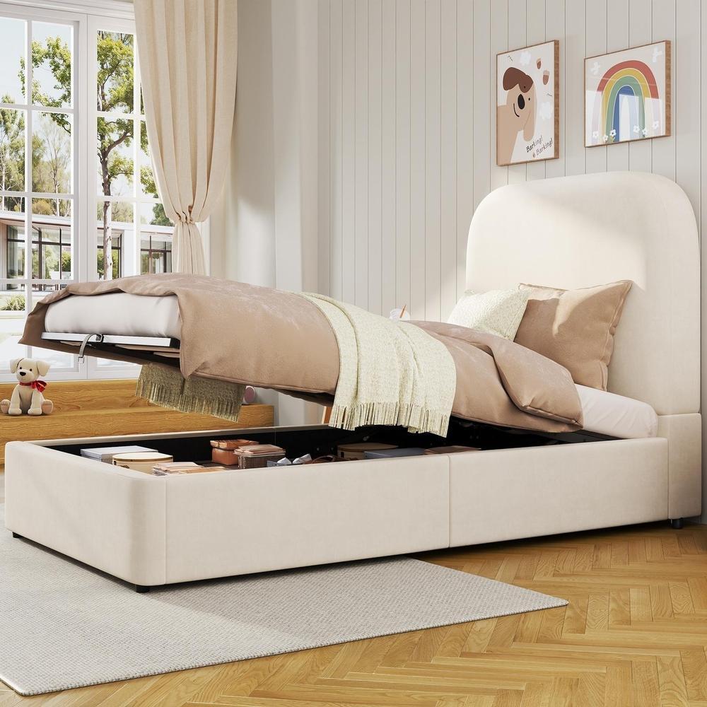 Cama infantil 90x200 beige de terciopelo con almacenaje bajo cama