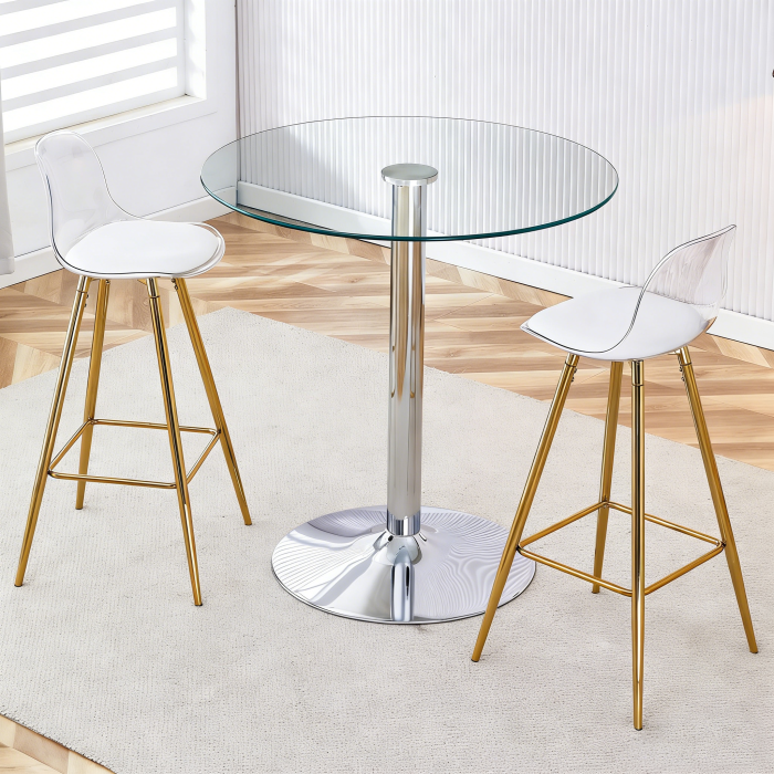 Conjunto de bar mesa alta cristal y 2 taburetes 89x89x105cm