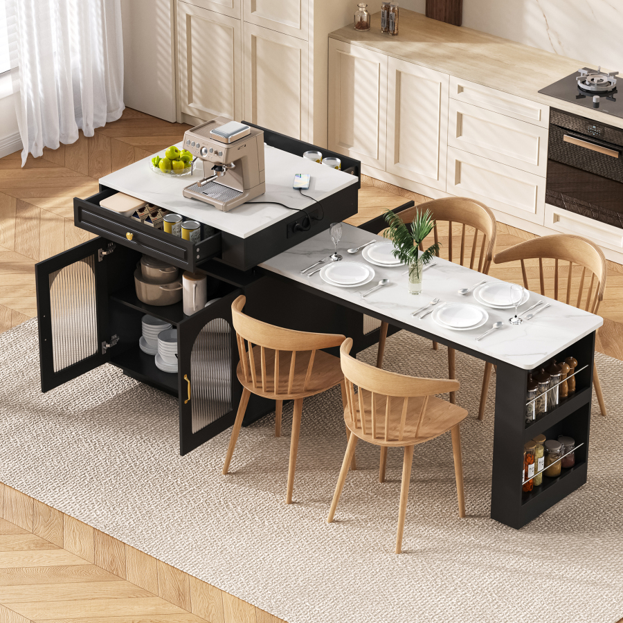 Isla de cocina con mesa extensible mdf negro 92x128-200x71cm