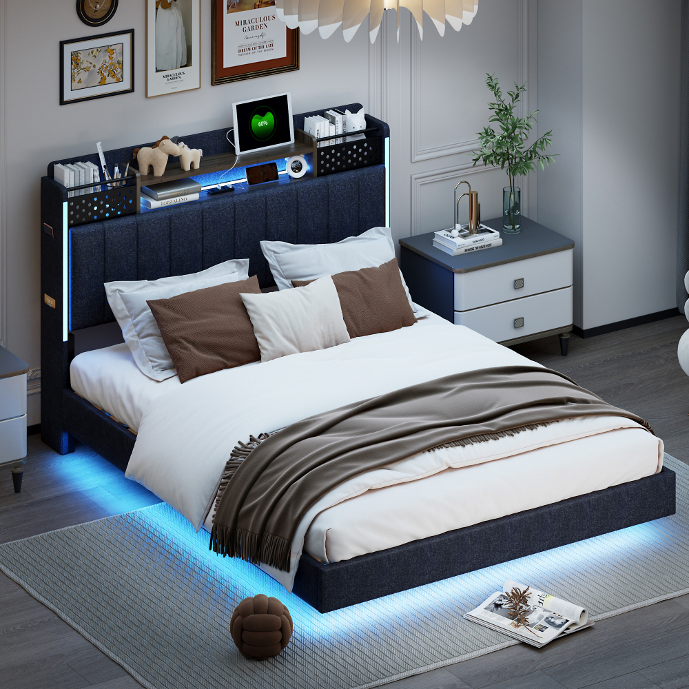 Cama tapizada 140x200cm con LED y usb lino – gris