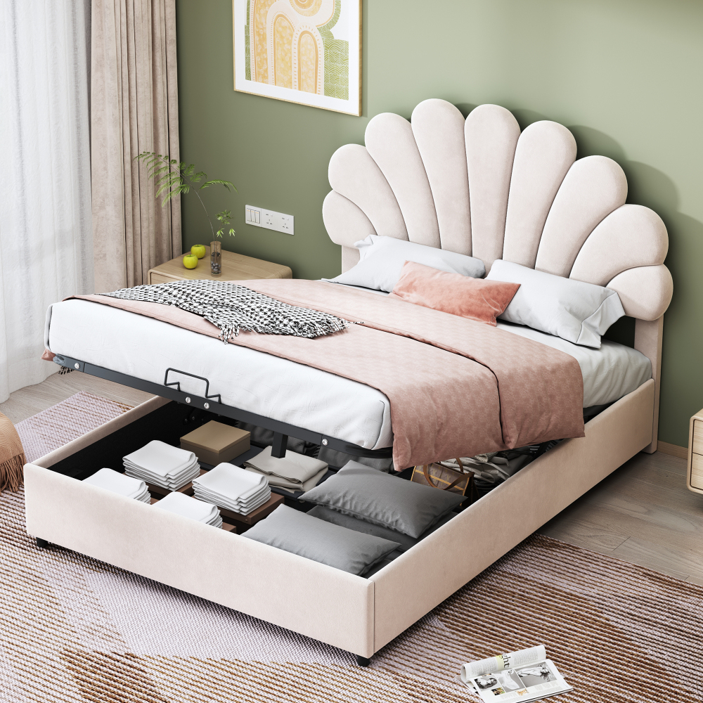 Cama tapizada 140x200cm con almacenaje hidráulico terciopelo – beige