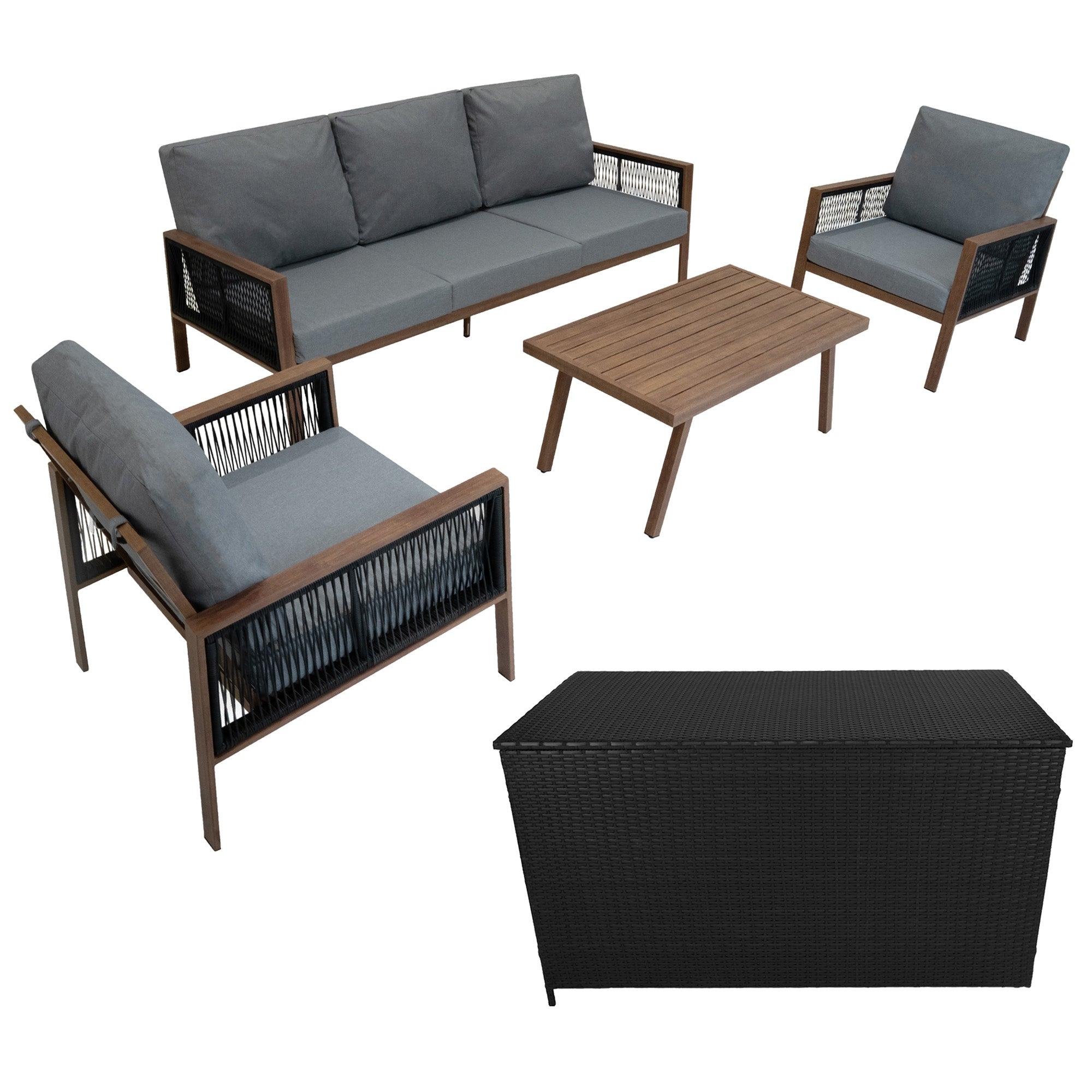 Conjunto de aluminio 5 plazas/4piezas color madera + caja ratán negro 582l