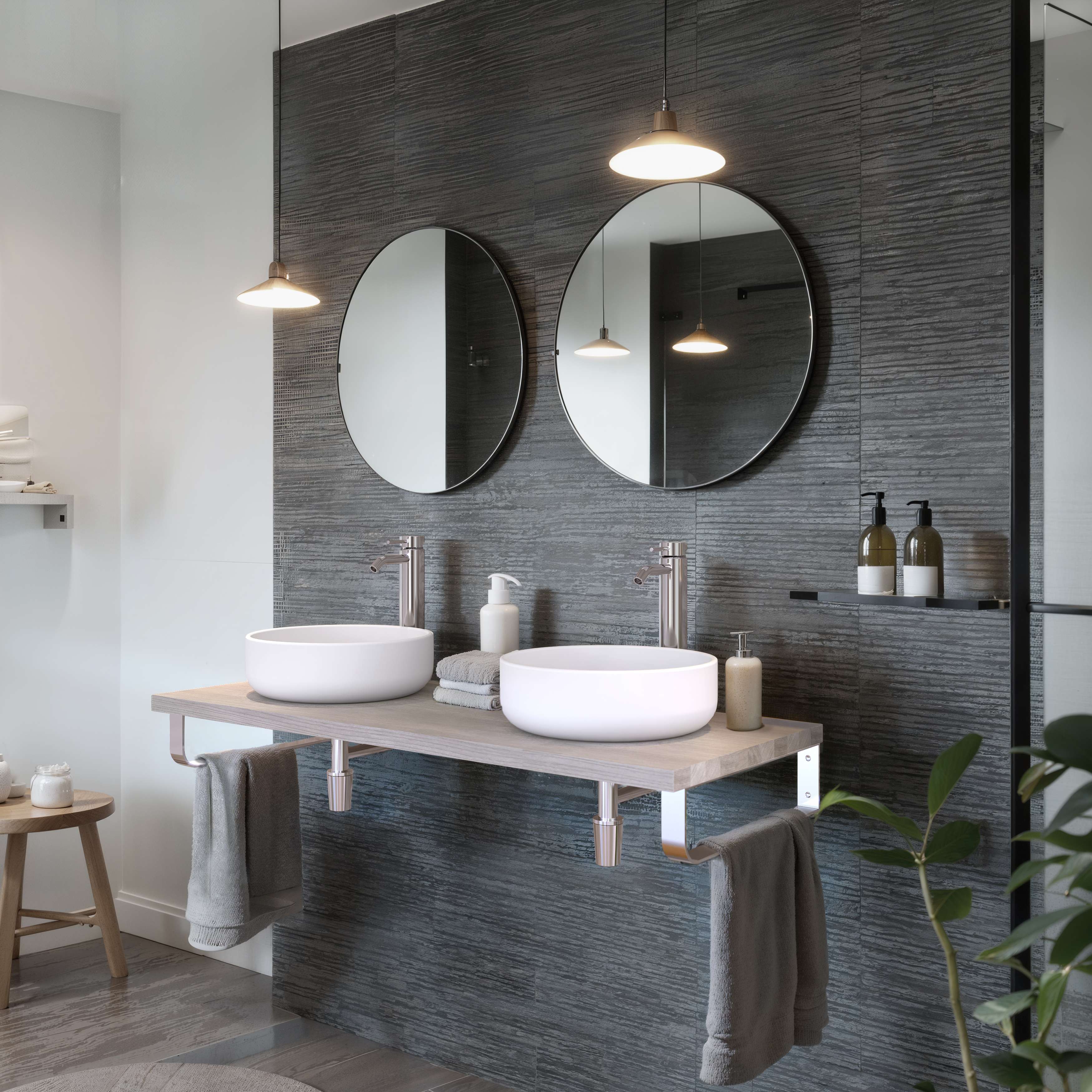 Encimera lavabo 121x49x3 cm chapa fresno natural con soportes cromados