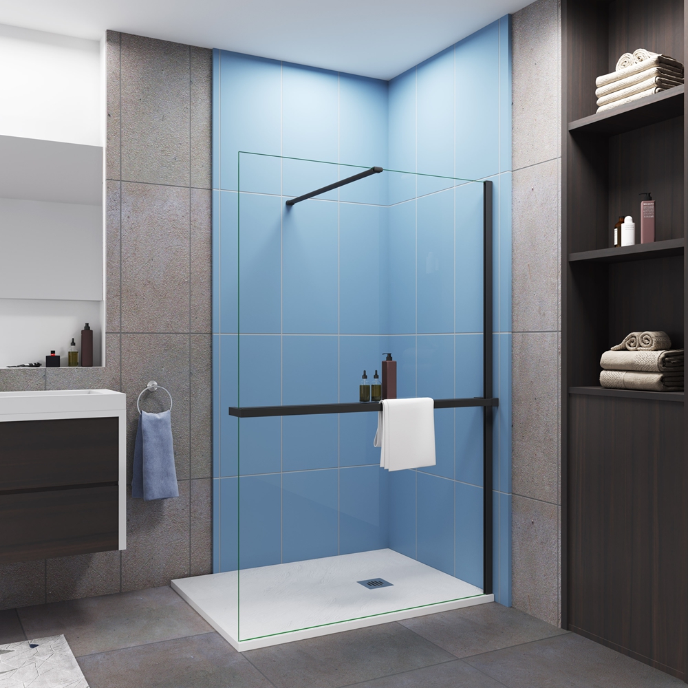 Mampara de ducha fija 140x200cm con estante-8mm antical-barra 90cm-negro