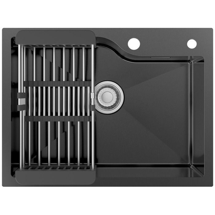 Fregadero de cocina gris oscuro de inox con canasta de drenaje ajustable y