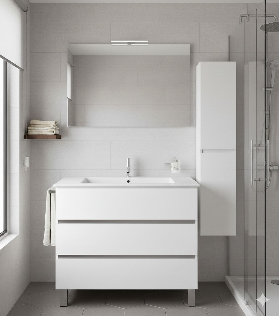 Mueble de baño balder, lavabo y espejo blanco brillo 90x40 cm con columna