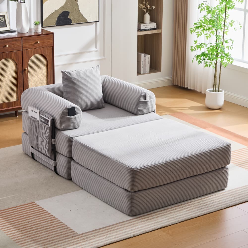 Sillón modular pana gris claro con reposapiés